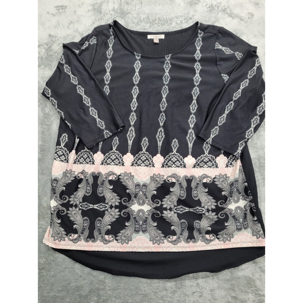 Roz & Ali Blouse Womens 1X Black Pink Paisley Medallion 3/4 Sleeve